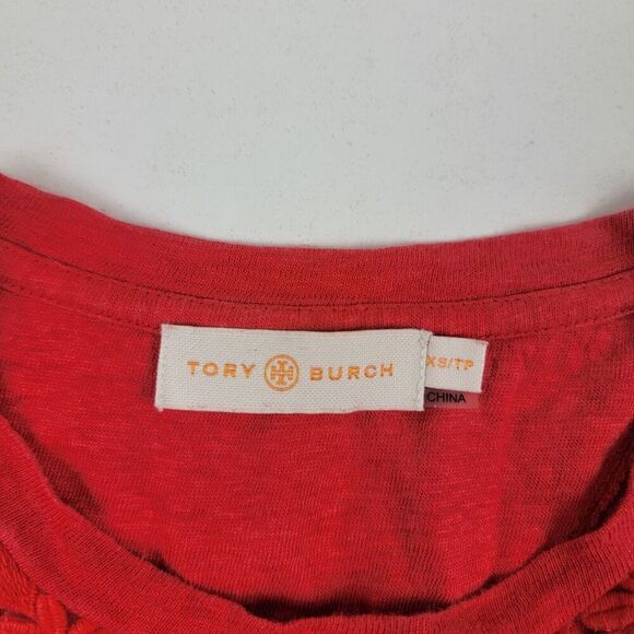 Tory Burch Blouse Shirt Womens XS Red Eyelet Overlay Floral Short Sleeve - Picture 3 of 12